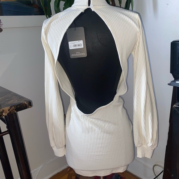 Cream Rib High Neck Open Back Detailed Dress - Picture 2 of 5